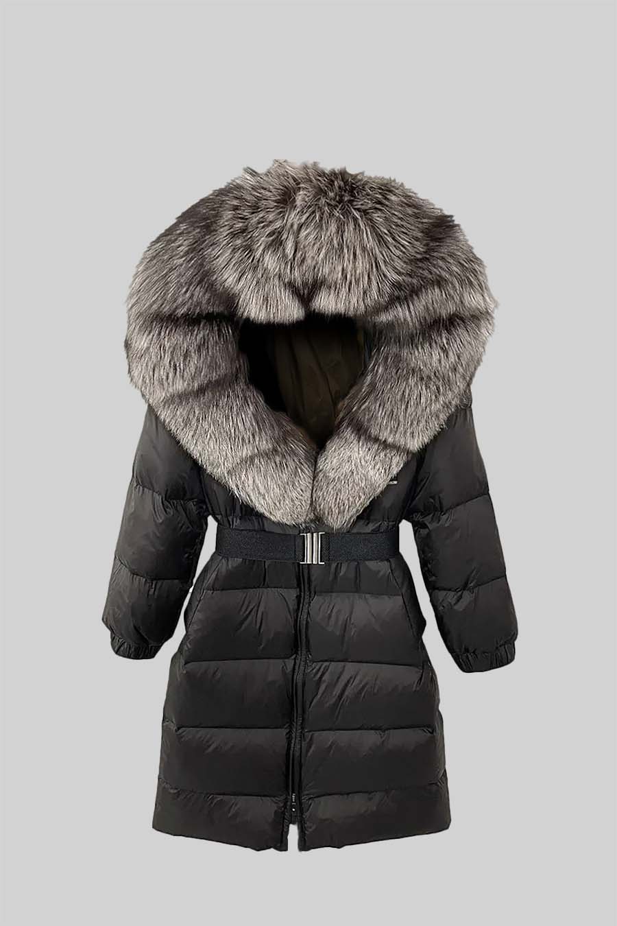 Casaco Puffer Longo com Capuz Forrado a Pele de Raposa Cinza - Preto