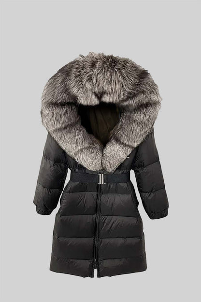 Casaco Puffer Longo com Capuz Forrado a Pele de Raposa Cinza - Preto