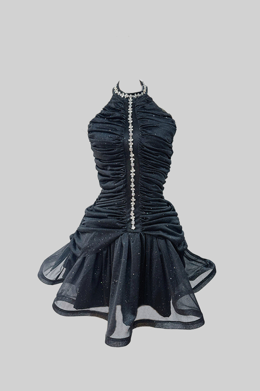 Vestido Halter Sem Mangas com Acentos de Pérola - Preto
