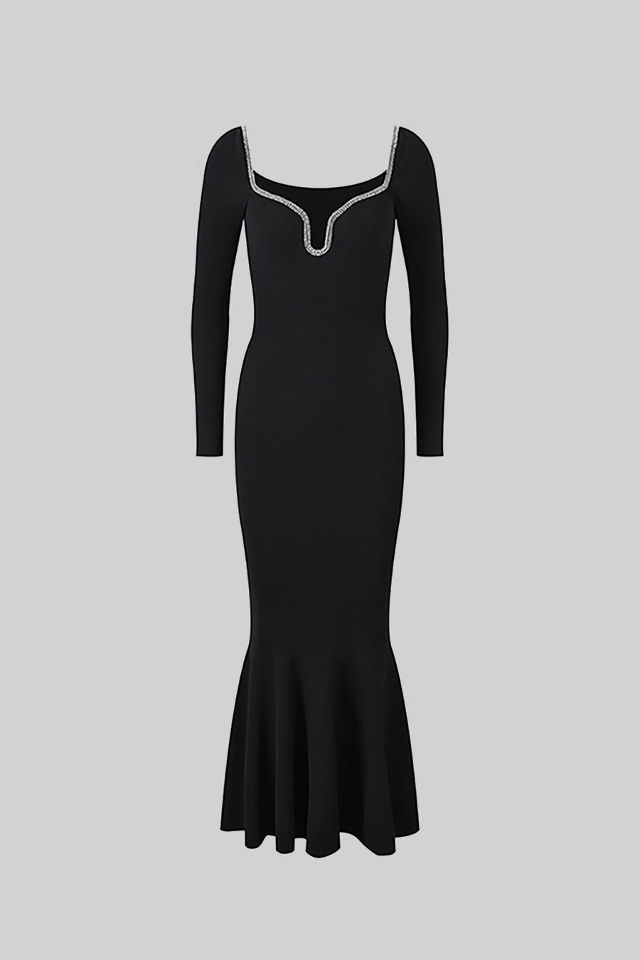 Vestido de Manga Longa com Corpete Ajustado e Bainha Largada - Preto