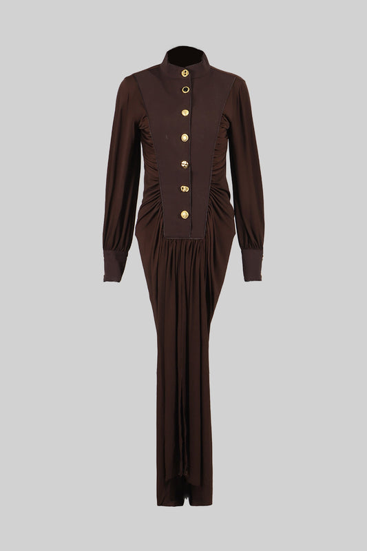 Vestido Maxi de Veludo com Botões Dourados - Castanho