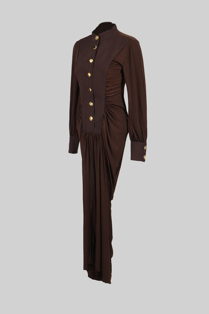 Vestido Maxi de Veludo com Botões Dourados - Castanho