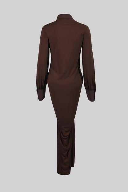 Vestido Maxi de Veludo com Botões Dourados - Castanho