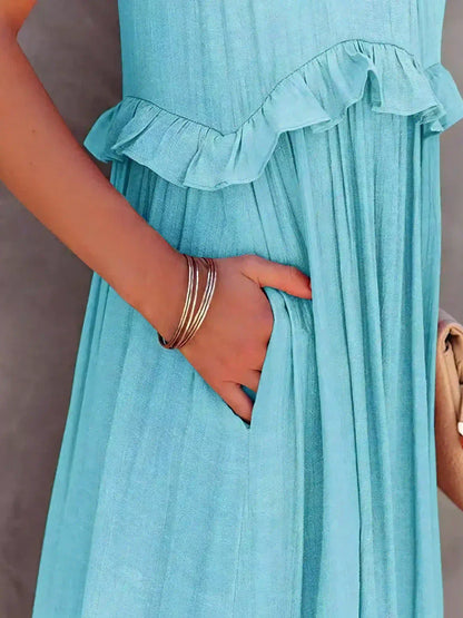 Sarah | Vestido longo com babados e alças finas