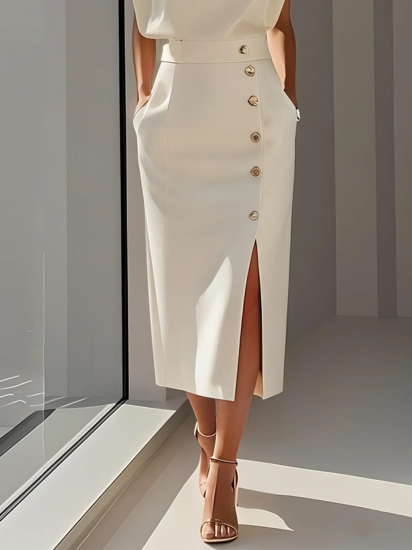 Aina - Vestido midi liso com fenda de botões e decote redondo