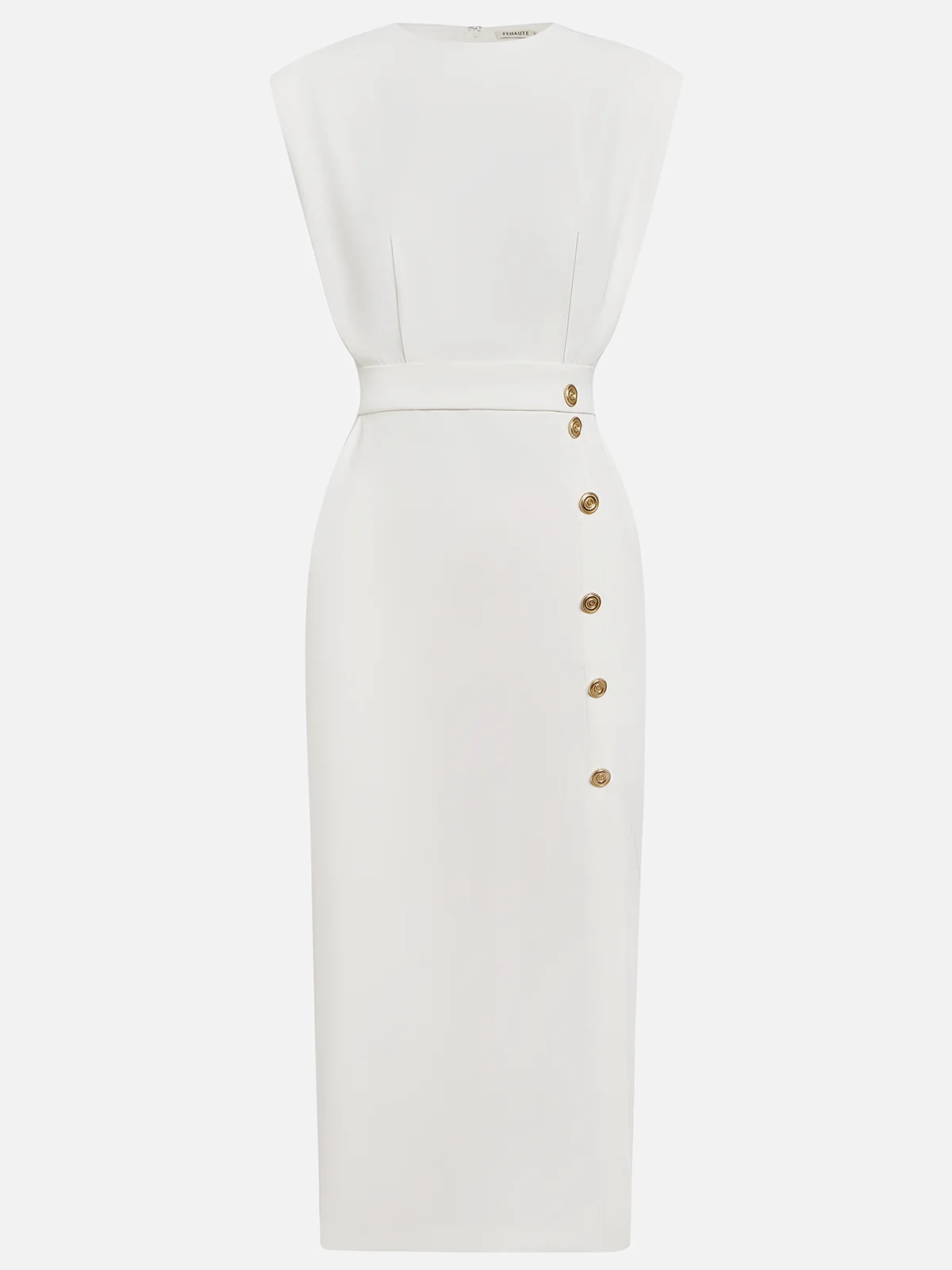 Aina - Vestido midi liso com fenda de botões e decote redondo