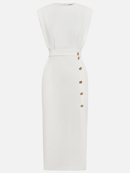 Aina - Vestido midi liso com fenda de botões e decote redondo