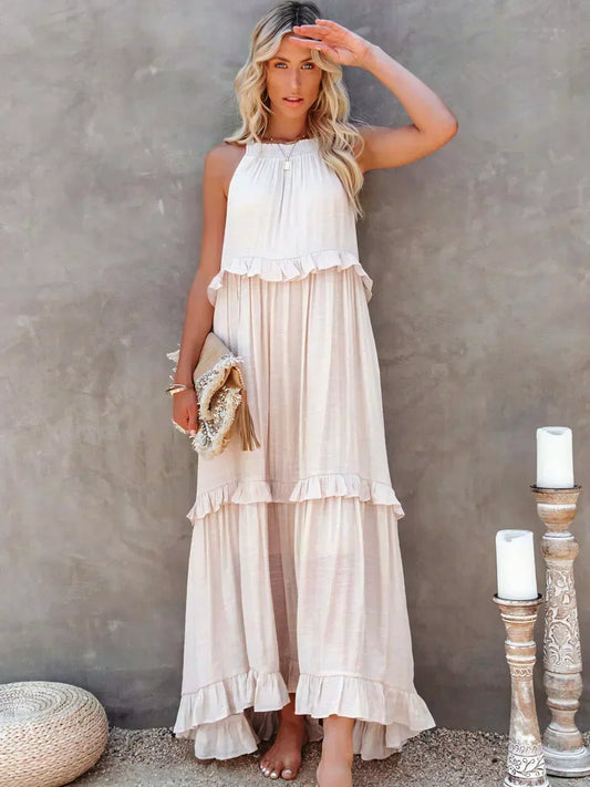 Sarah | Vestido longo com babados e alças finas