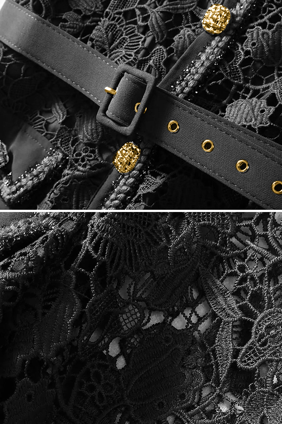 Vestido Elegante de Manga Curta com Top de Renda e Saia Larga - Preto