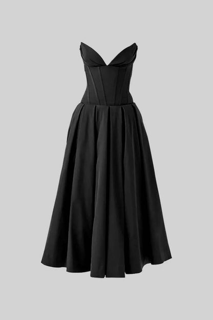 Vestido Midi Sofisticado Sem Alças com Corpete Ajustado - Preto