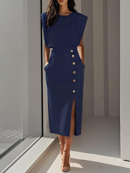 Aina - Vestido midi liso com fenda de botões e decote redondo