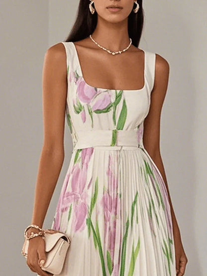 Nina - Vestido longo plissado floral