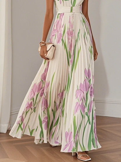 Nina - Vestido longo plissado floral