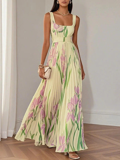 Nina - Vestido longo plissado floral