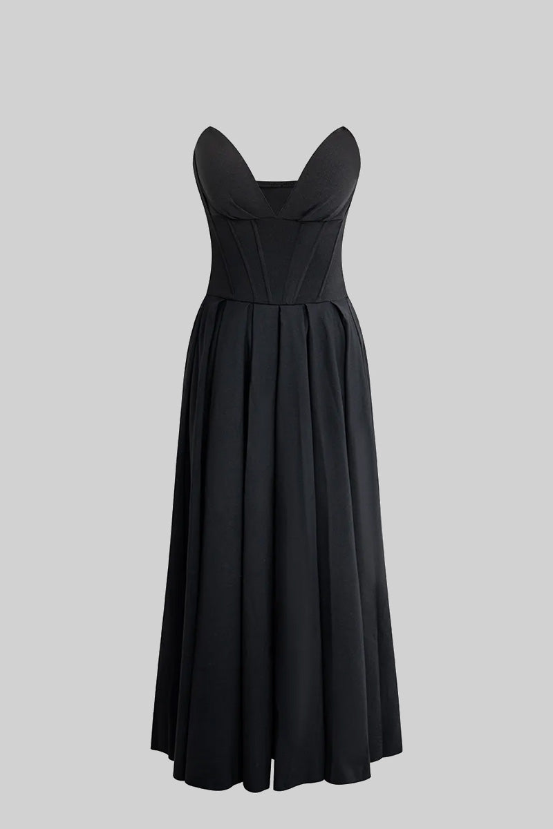 Vestido Midi Sofisticado Sem Alças com Corpete Ajustado - Preto