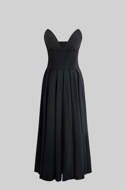 Vestido Midi Sofisticado Sem Alças com Corpete Ajustado - Preto