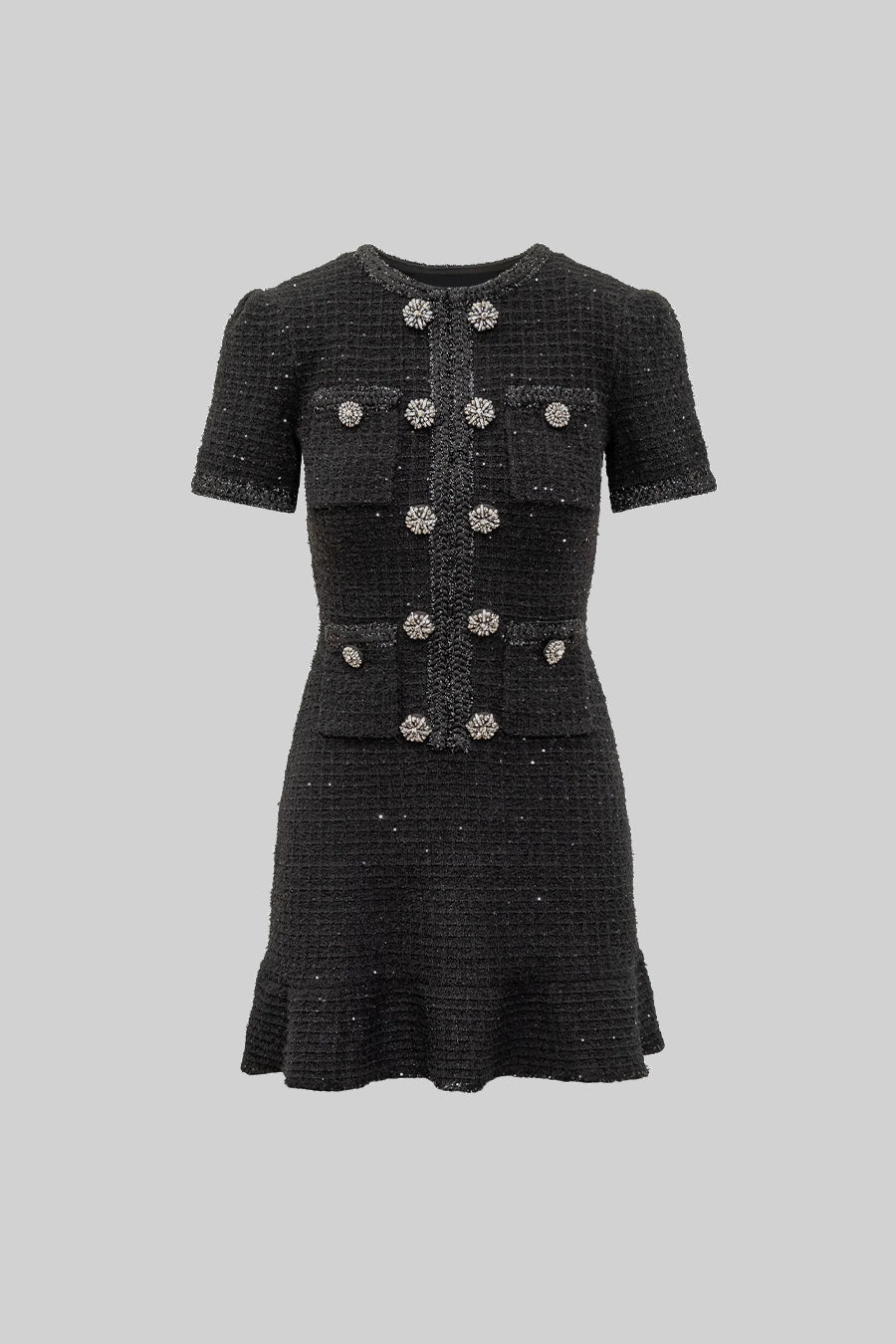 Vestido Tricotado Preto de Manga Curta até ao Joelho