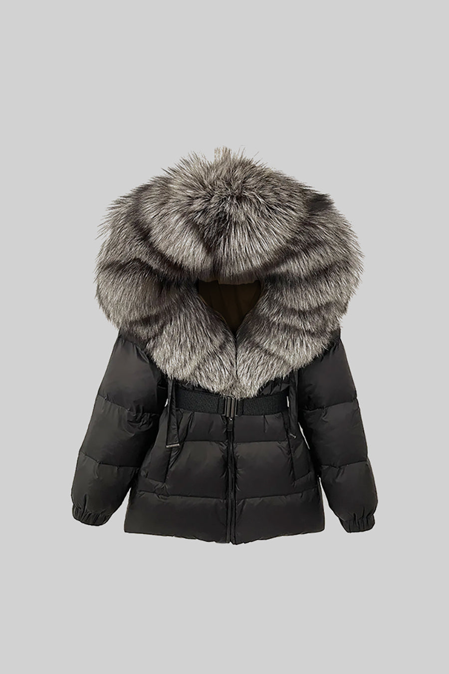 Casaco Puffer Com Cinto e Capuz Forrado a Pele de Raposa Cinza - Preto