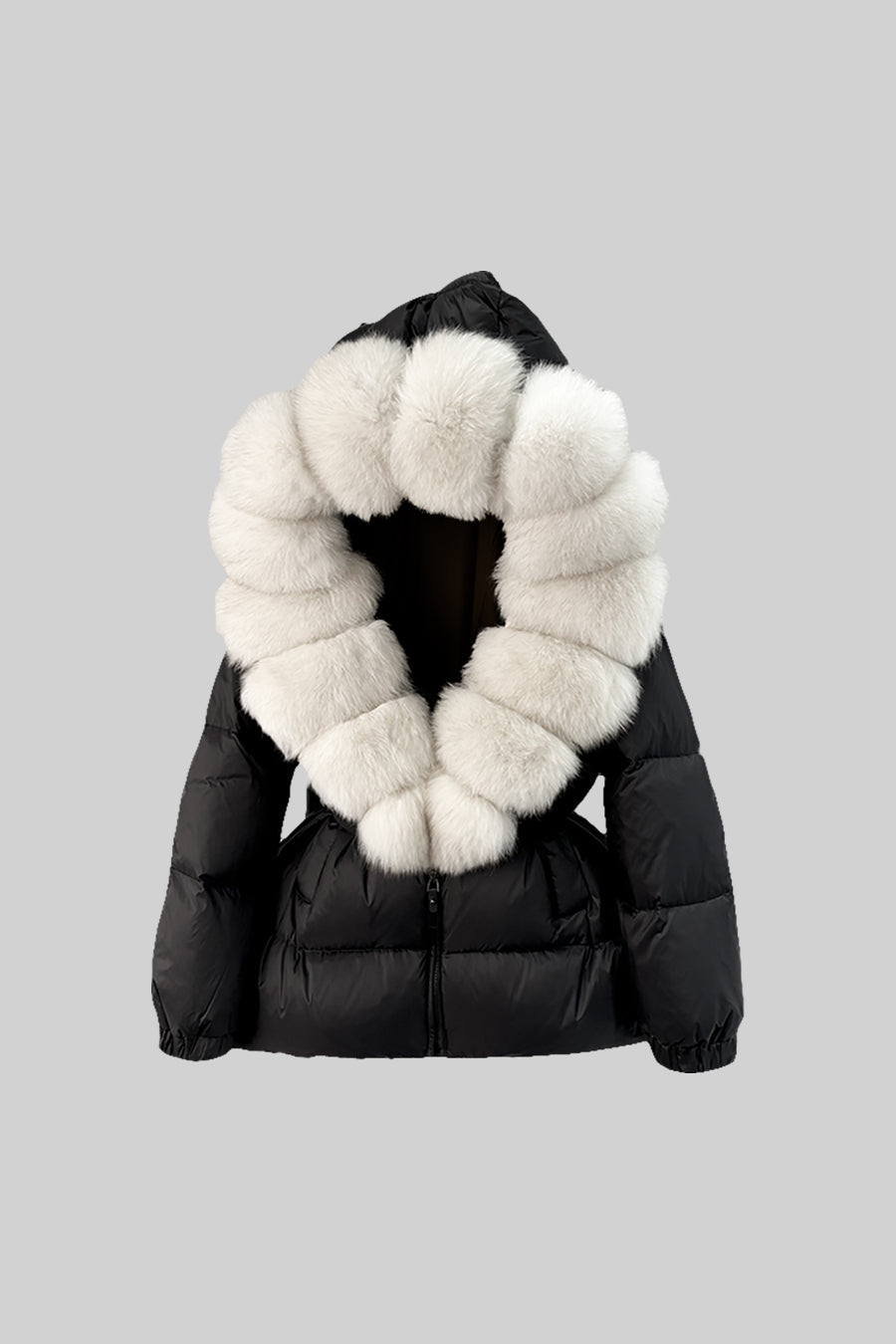 Casaco Puffer Com Cinto E Capuz Forrado Com Pele De Raposa Branca - Preto
