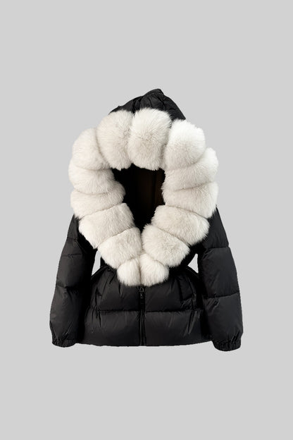Casaco Puffer Com Cinto E Capuz Forrado Com Pele de Raposa Branca - Preto