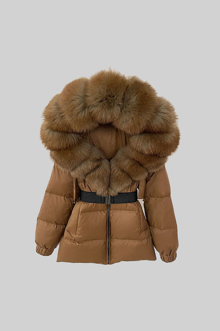 Casaco Puffer Com Cinto e Capuz Forrado de Pele de Raposa Castanha - Castanho