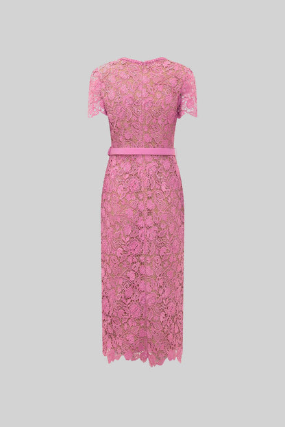 Exquisito Vestido Midi de Renda com Mangas Curtas - Rosa