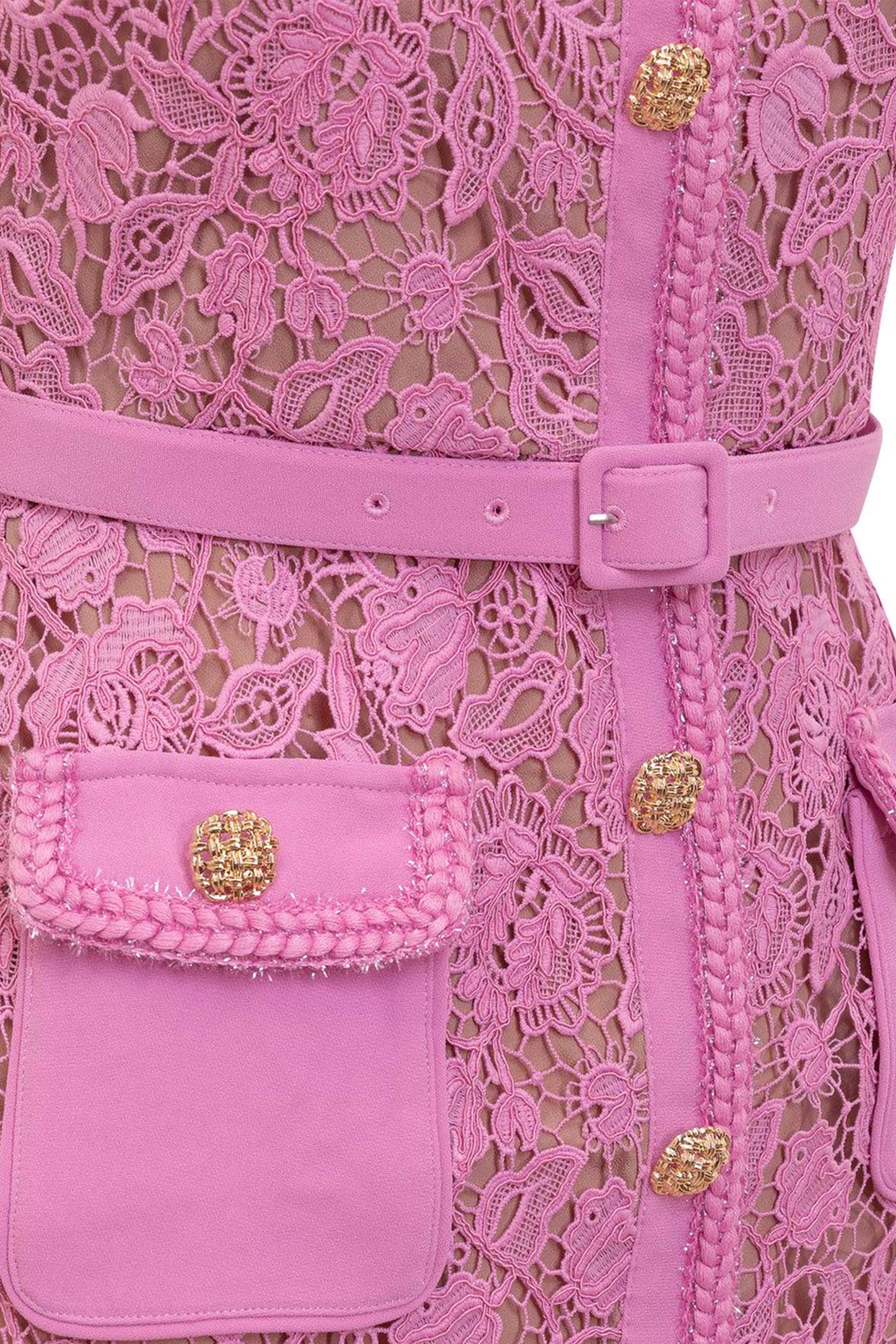 Exquisito Vestido Midi de Renda com Mangas Curtas - Rosa