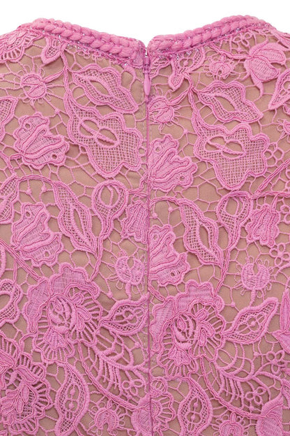 Exquisito Vestido Midi de Renda com Mangas Curtas - Rosa