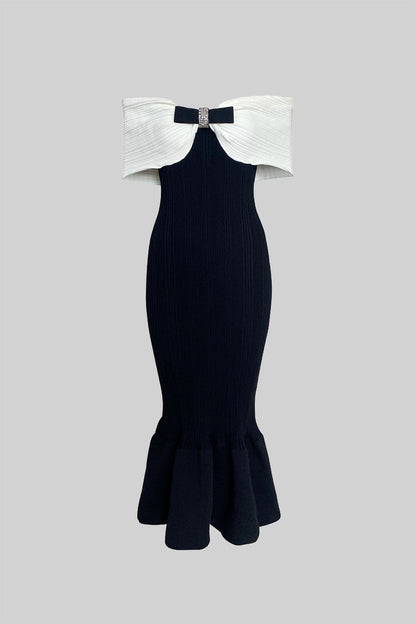 Vestido Midi de Sereia Sofisticado com Laço - Preto