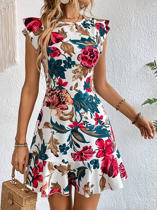 Flora – Vestido curto estampado floral com babados, casual e elegante