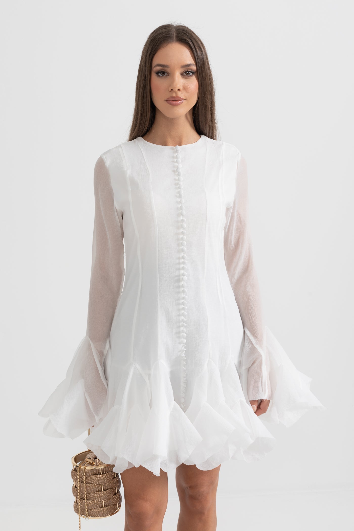 Vestido Elegante com Mangas Largas e Barra Larga - Branco
