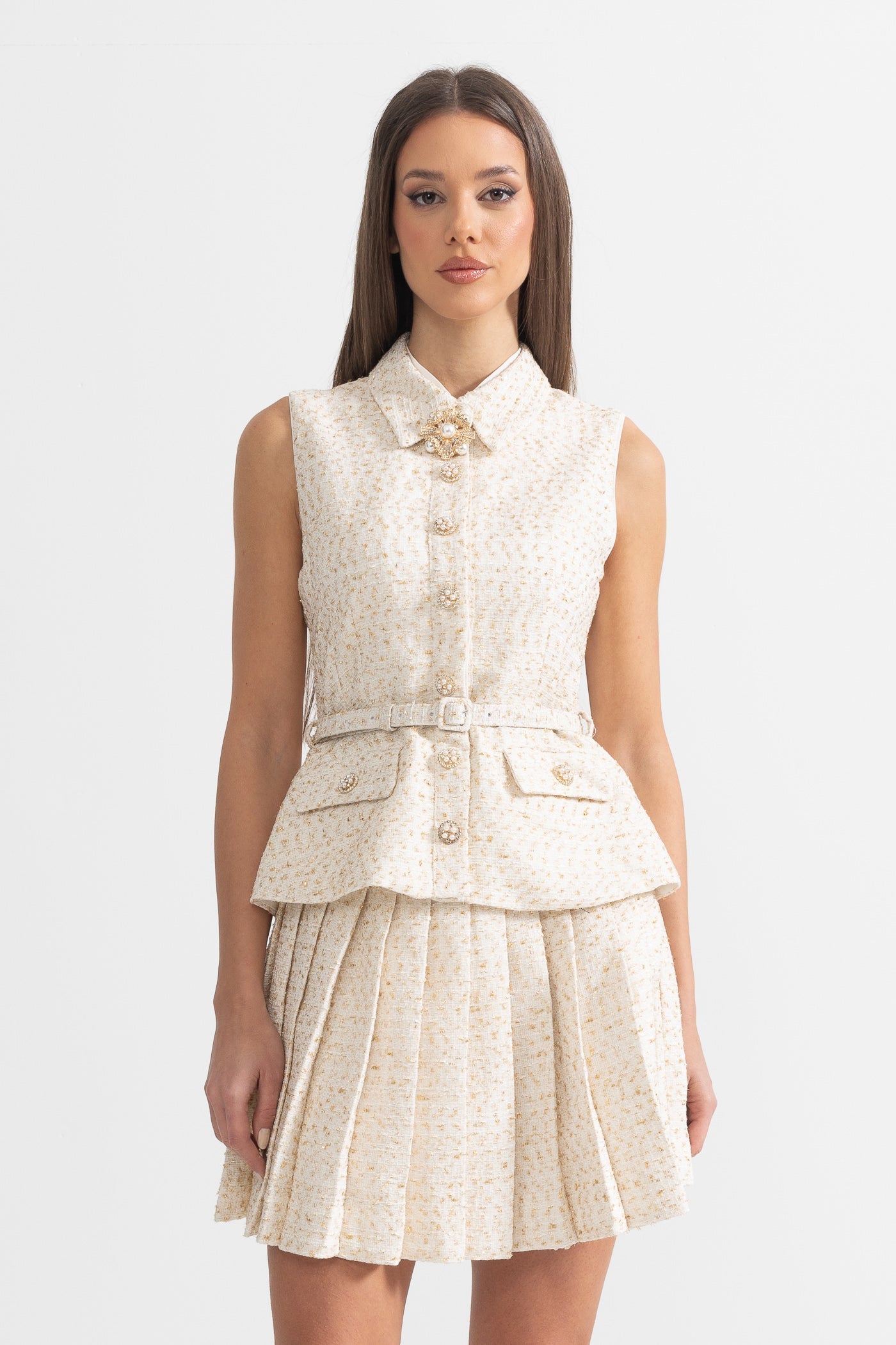 Vestido Mini Texturizado Sem Mangas Com Saia Plissada E Cinto - Ivoire