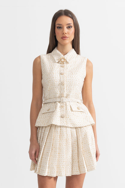 Vestido Mini Texturizado Sem Mangas Com Saia Plissada E Cinto - Ivoire