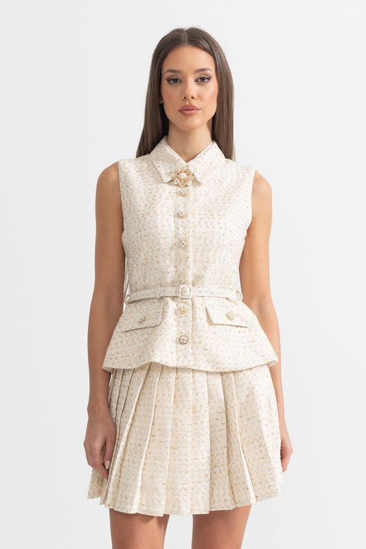 Vestido Mini Texturizado Sem Mangas Com Saia Plissada E Cinto - Ivoire