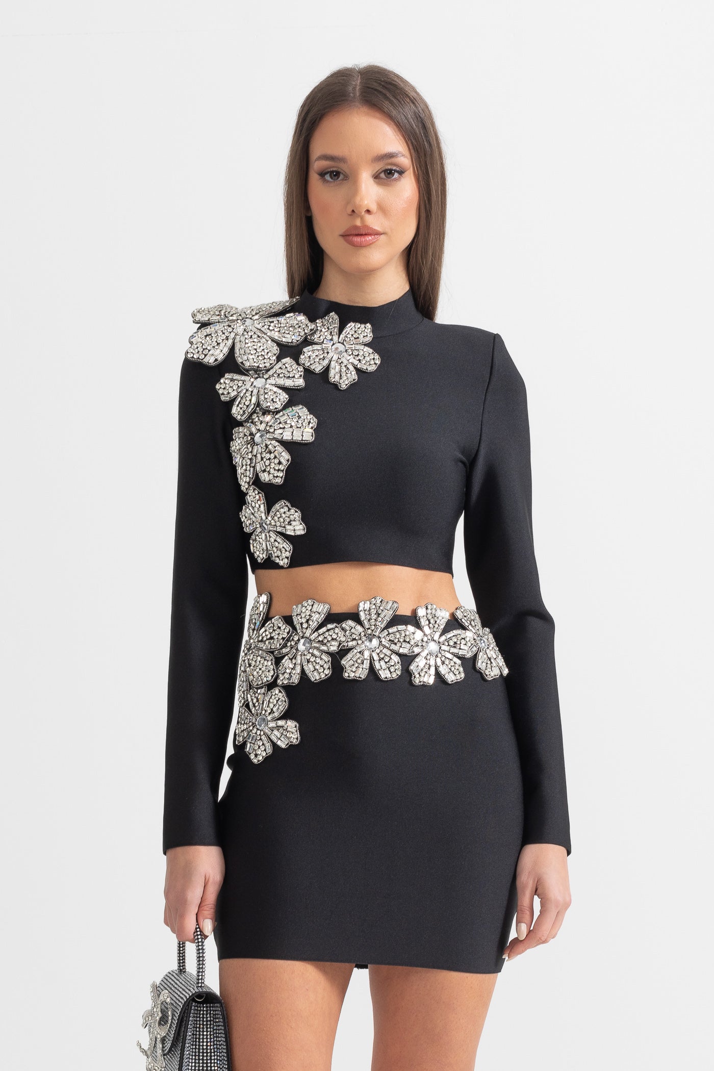 Conjunto de Acento de Flor de Diamante em 2 Peças com Top de Mangas Longas e Saia Mini - Preto