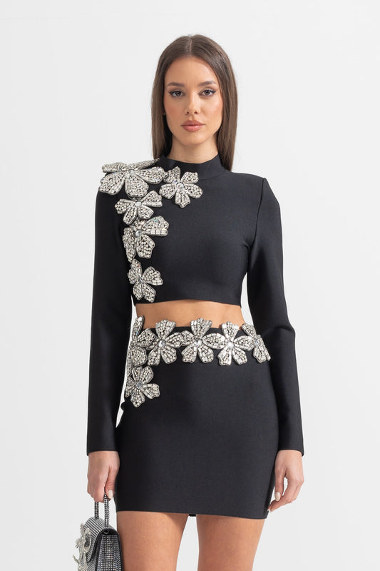 Conjunto de Acento de Flor de Diamante em 2 Peças com Top de Mangas Longas e Saia Mini - Preto