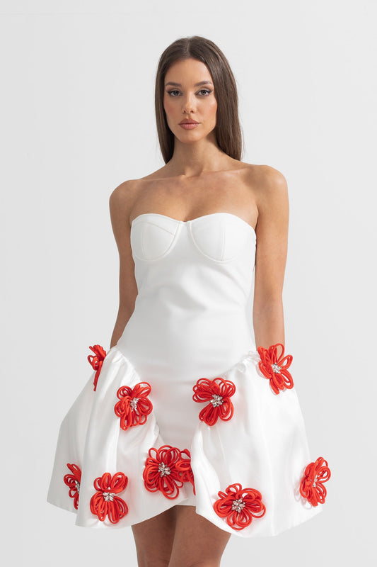 Vestido Mini Elegante com Aplicações de Flores Prateadas em 3D - Branco