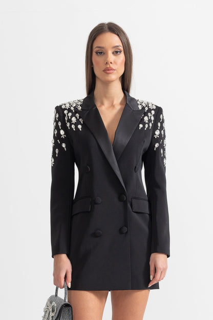Blazer Elegante Com Ombros Decorados com Diamantes - Preto