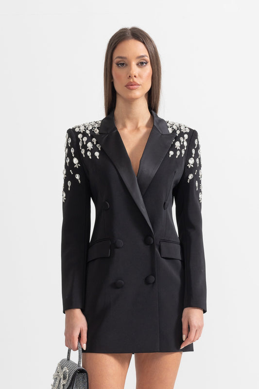 Blazer Elegante Com Ombros Decorados com Diamantes - Preto