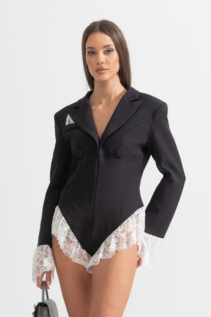 Body de Blazer Elegante com Renda Branca - Preto
