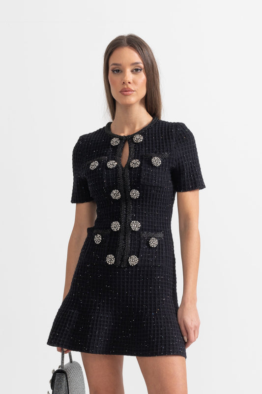 Vestido Tricotado Preto de Manga Curta até ao Joelho