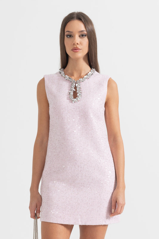 Vestido Mini Texturizado Sem Mangas Com Detalhes de Colar Brilhante - Rosa