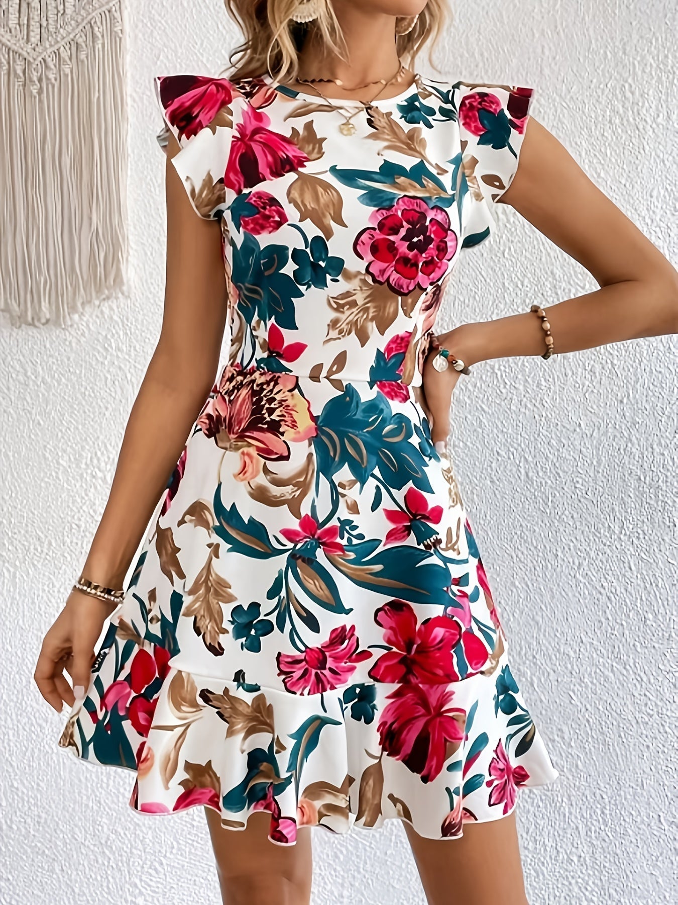 Flora – Vestido curto estampado floral com babados, casual e elegante