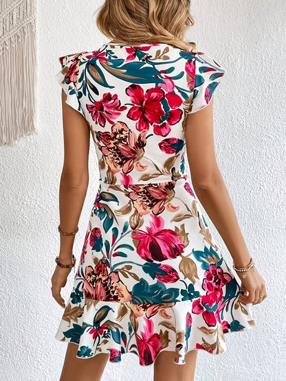 Flora – Vestido curto estampado floral com babados, casual e elegante