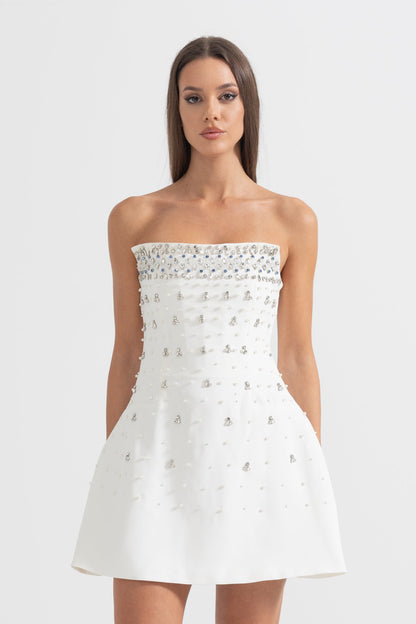 Vestido Mini Sem Mangas com Adornos de Cristal - Branco