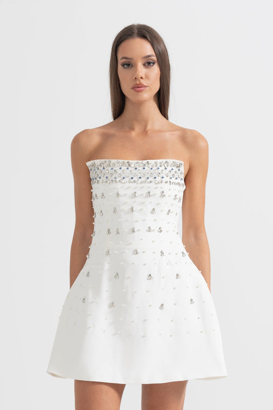 Vestido Mini Sem Mangas com Adornos de Cristal - Branco