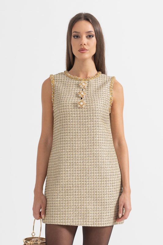 Vestido Mini com Padrão e Acentos Dourados - Ouro