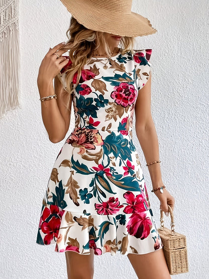 Flora – Vestido curto estampado floral com babados, casual e elegante