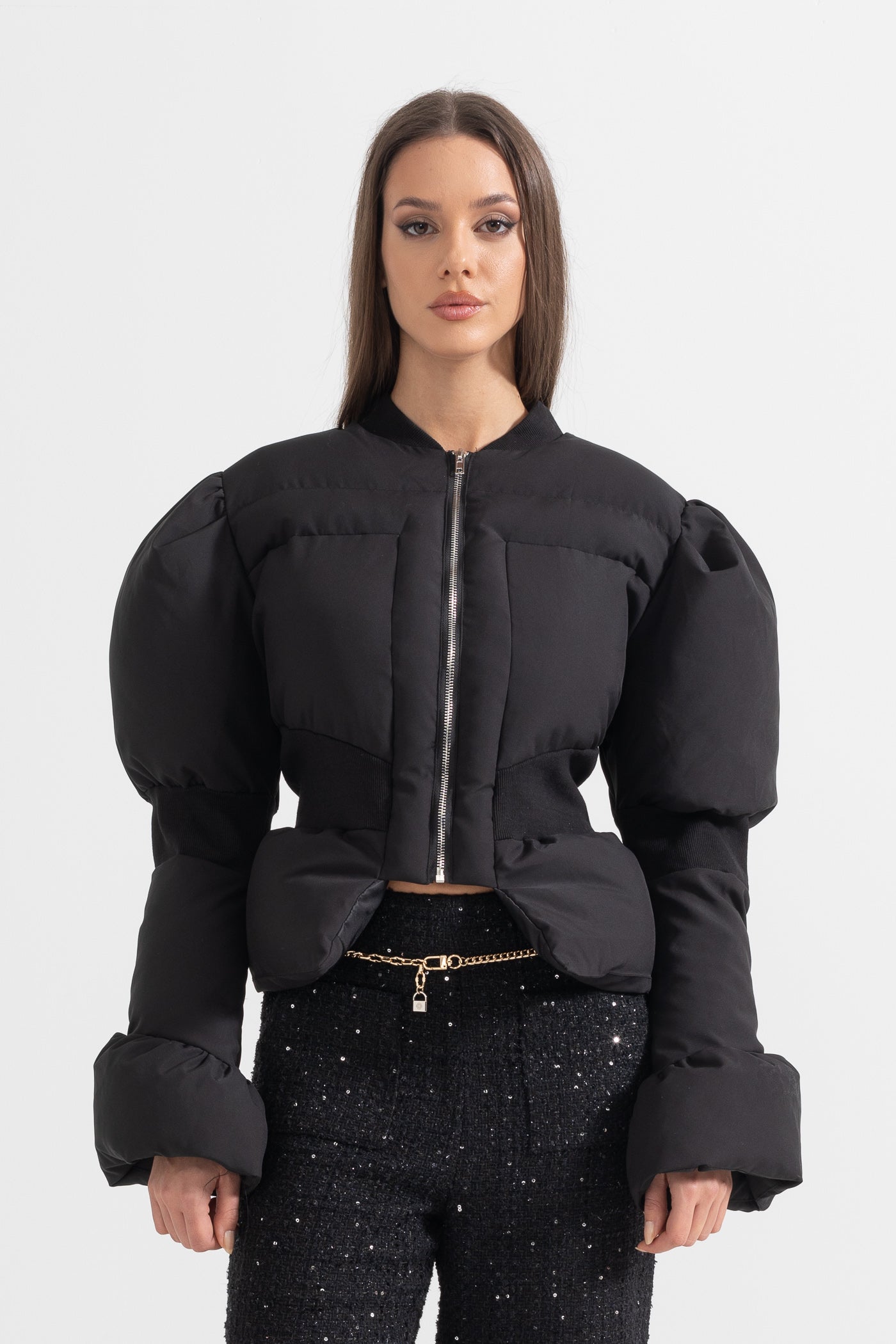 Casaco Puffer Cortado Com Cintura Ajustada - Preto