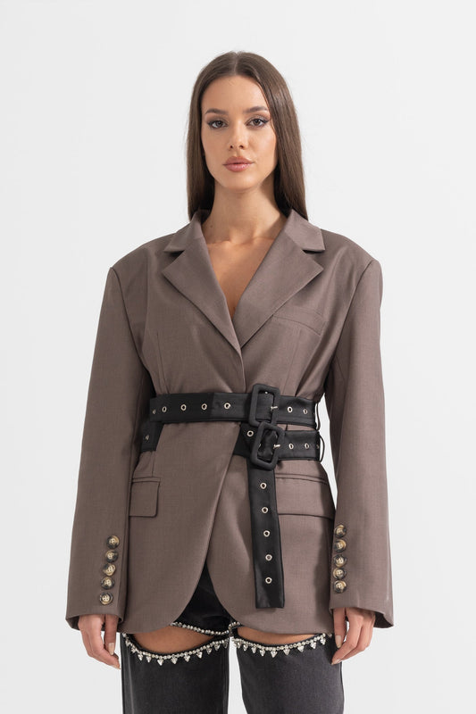 Blazer Contemporâneo Com Cinto Duplo - Castanho